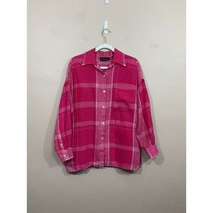 VTG Womens 100% Linen Button Down Shirt S Pink 90s Y2K Coastal Preppy Checked